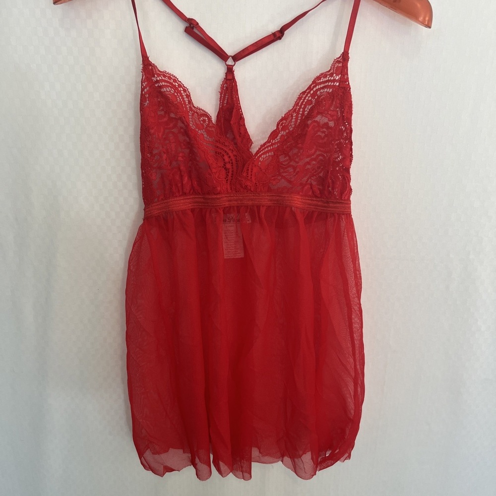 Vtg Linea Donatella Chiffon Red Lace-Gown‎ S 4-6 Baby Doll Chemise Nightgown
